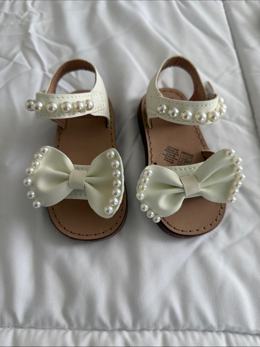 Girls Ivory Pearl Bow Sandals with Ankle Strap
